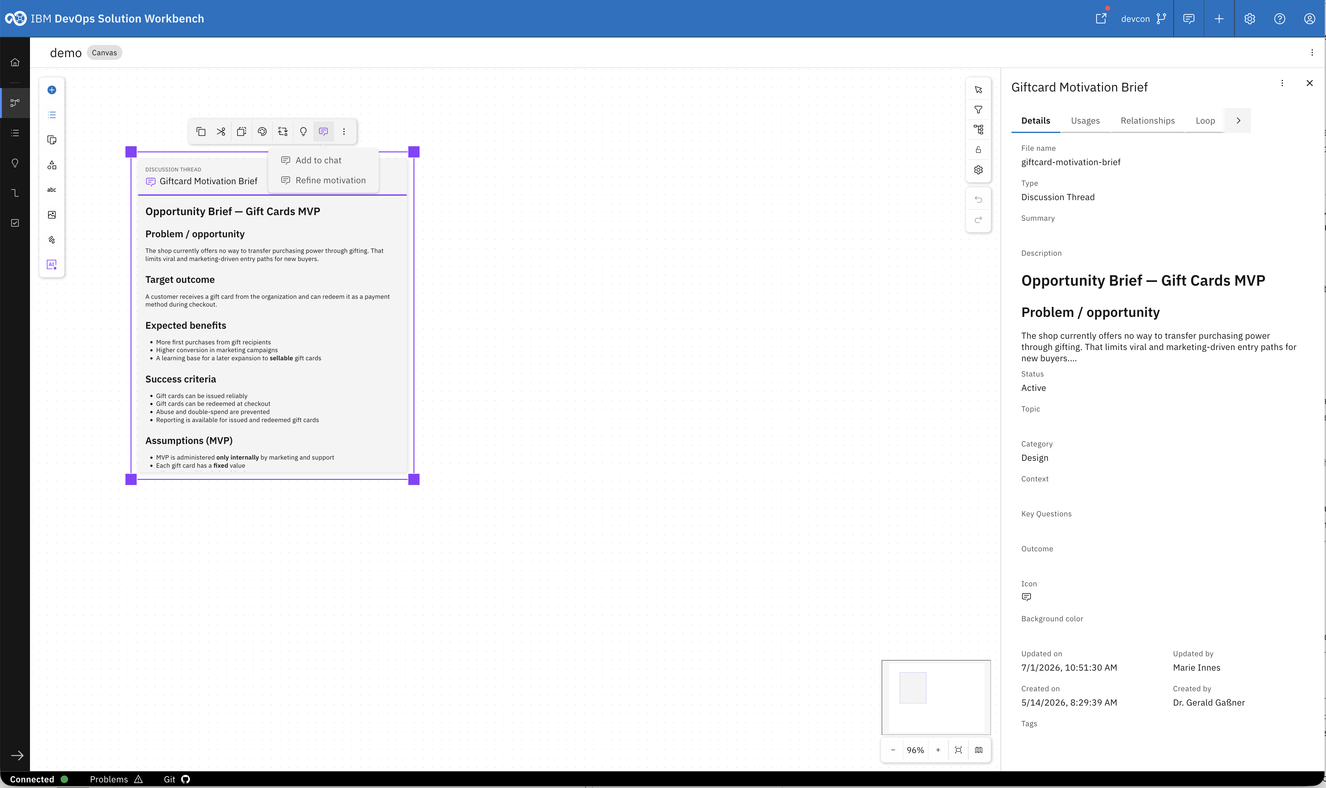 Context menu on the selected element showing Add to chat and Refine motivation
