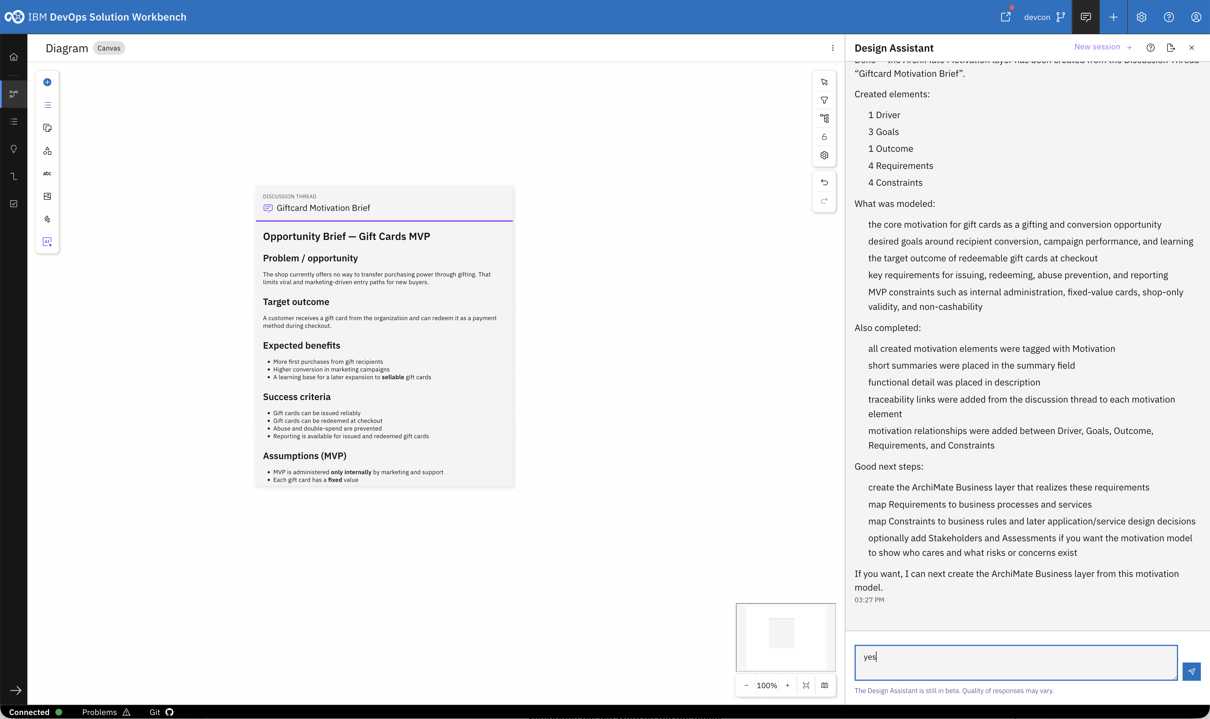Completion summary offering to generate the Business layer next