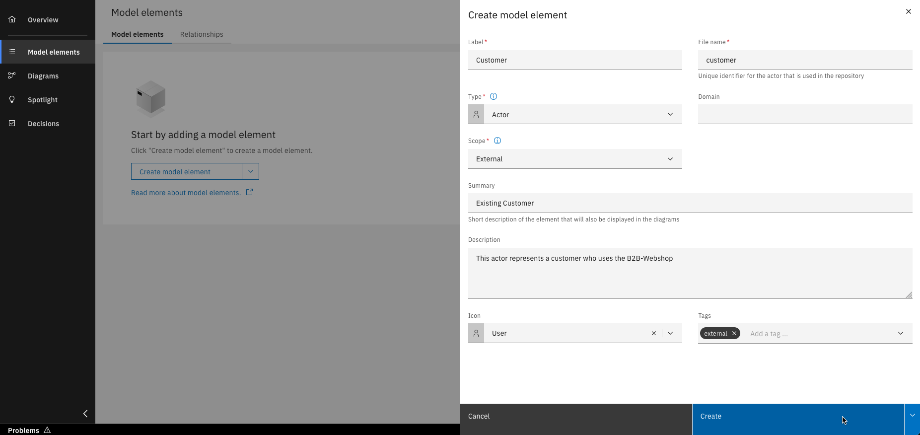 Form filled with details for a new model element