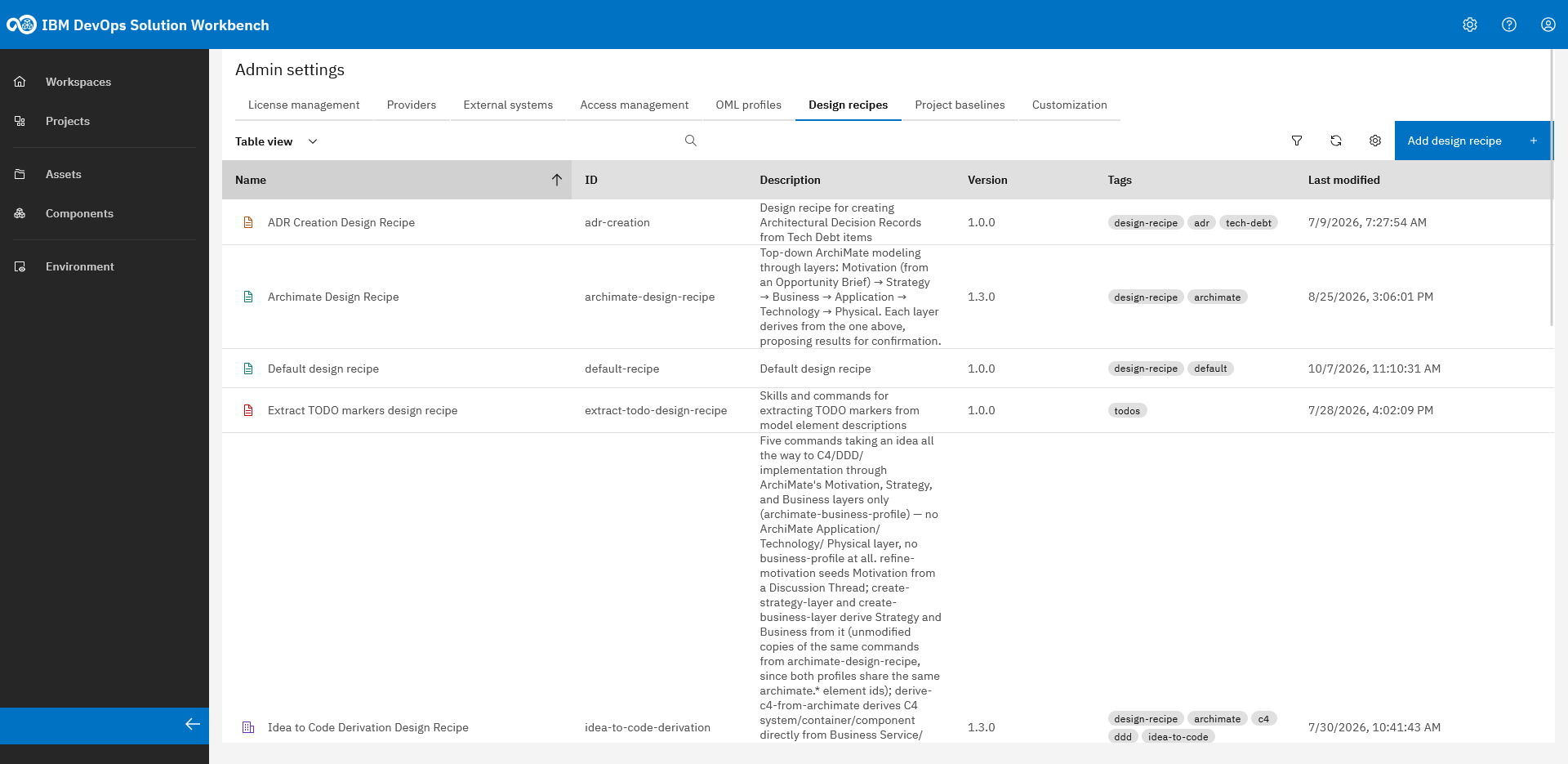 Design recipes tab