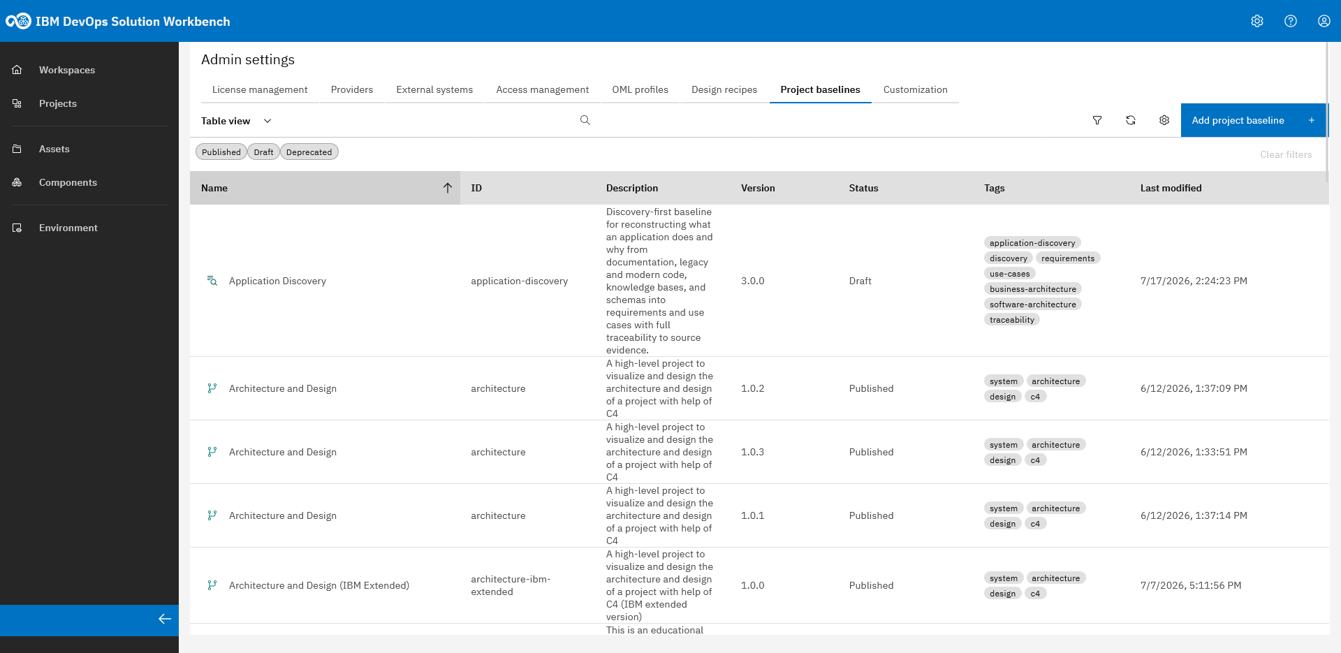 Project baselines tab