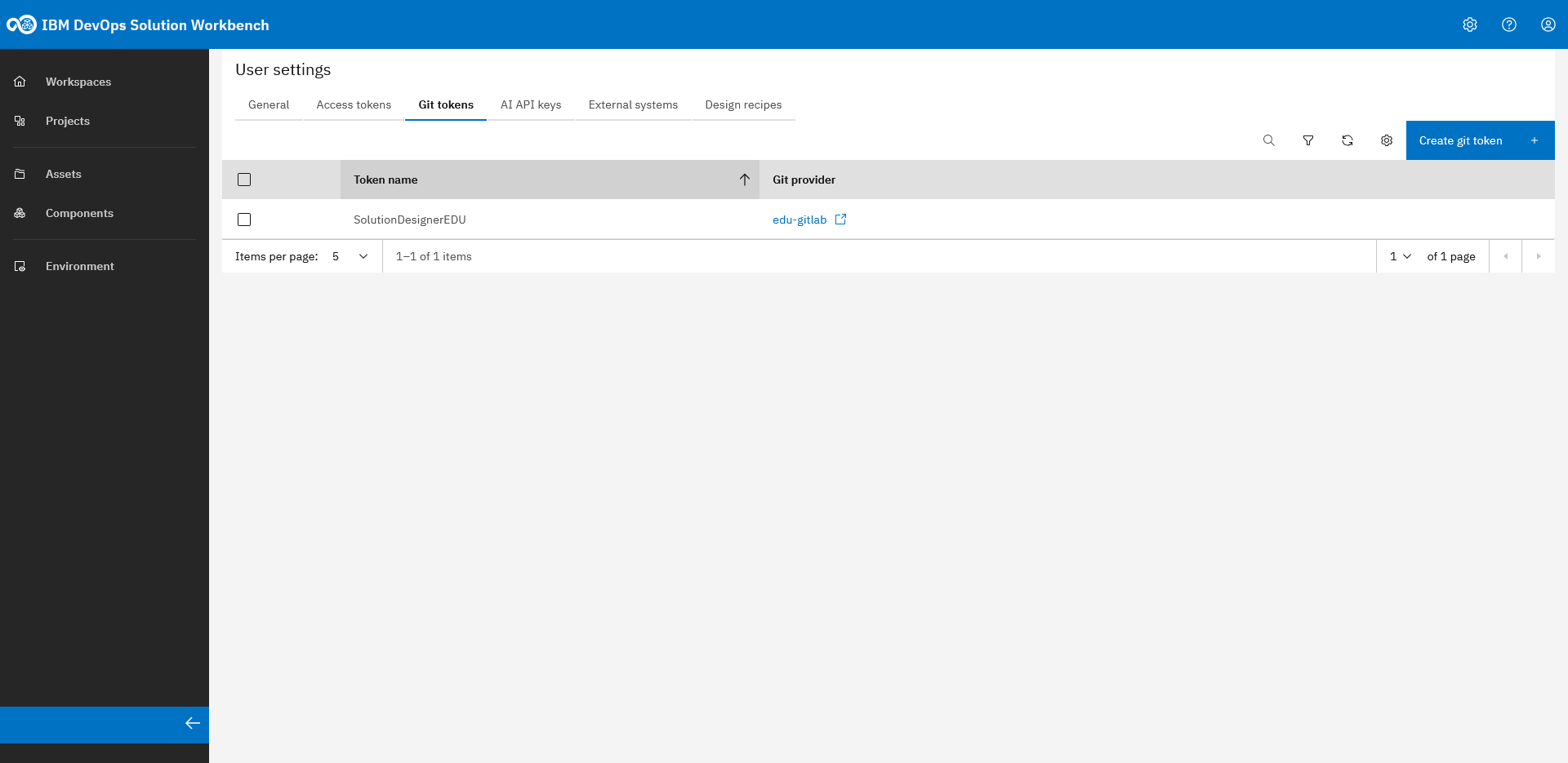 Git tokens tab