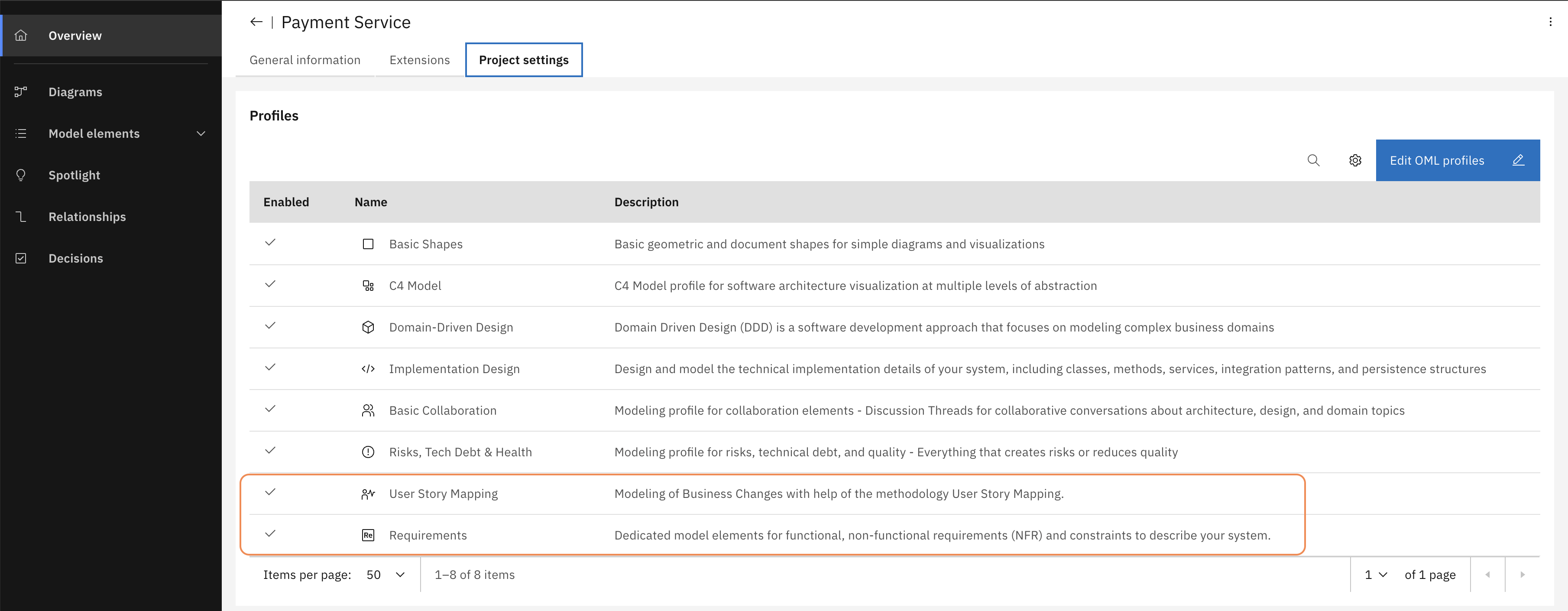 Project settings after — 8 profiles
