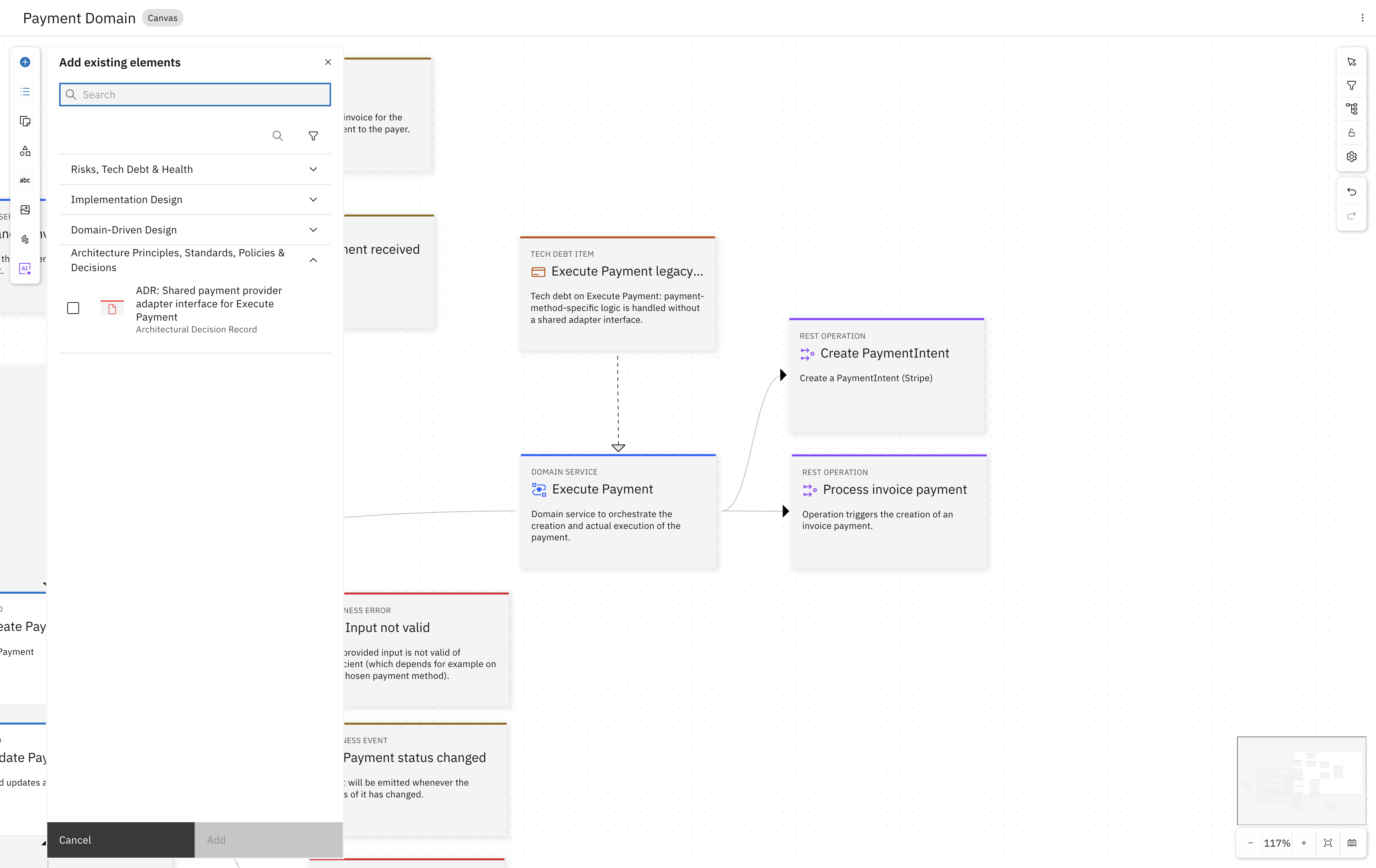 Add existing elements panel showing the new ADR under Architecture Principles, Standards, Policies & Decisions