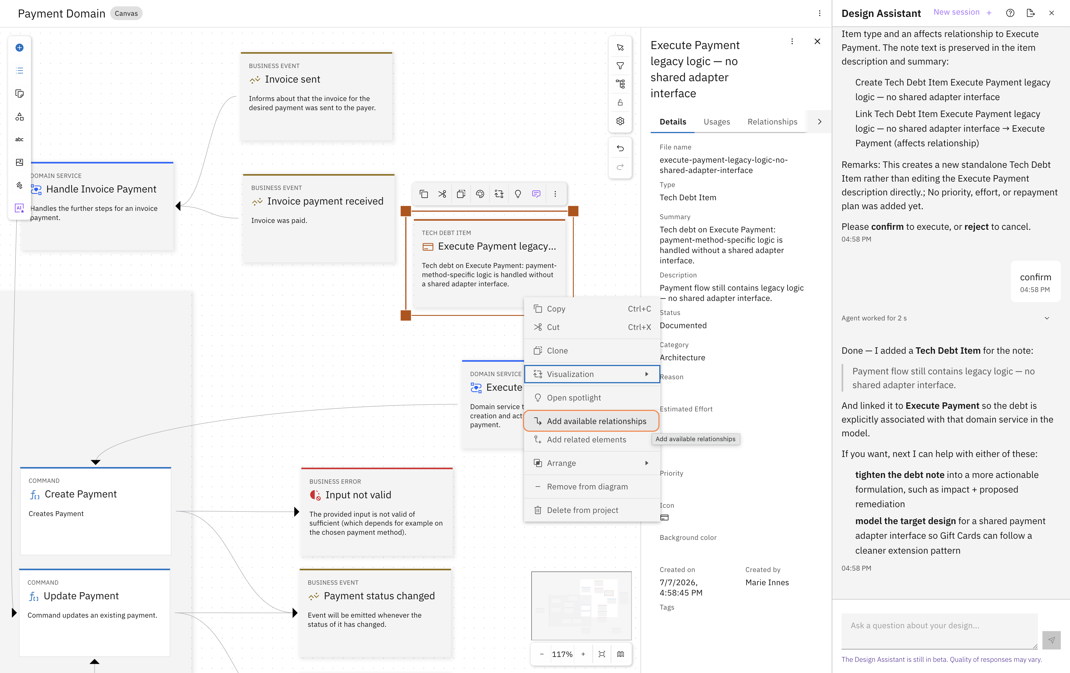 Adding the relationship between the Tech Debt element and Execute Payment