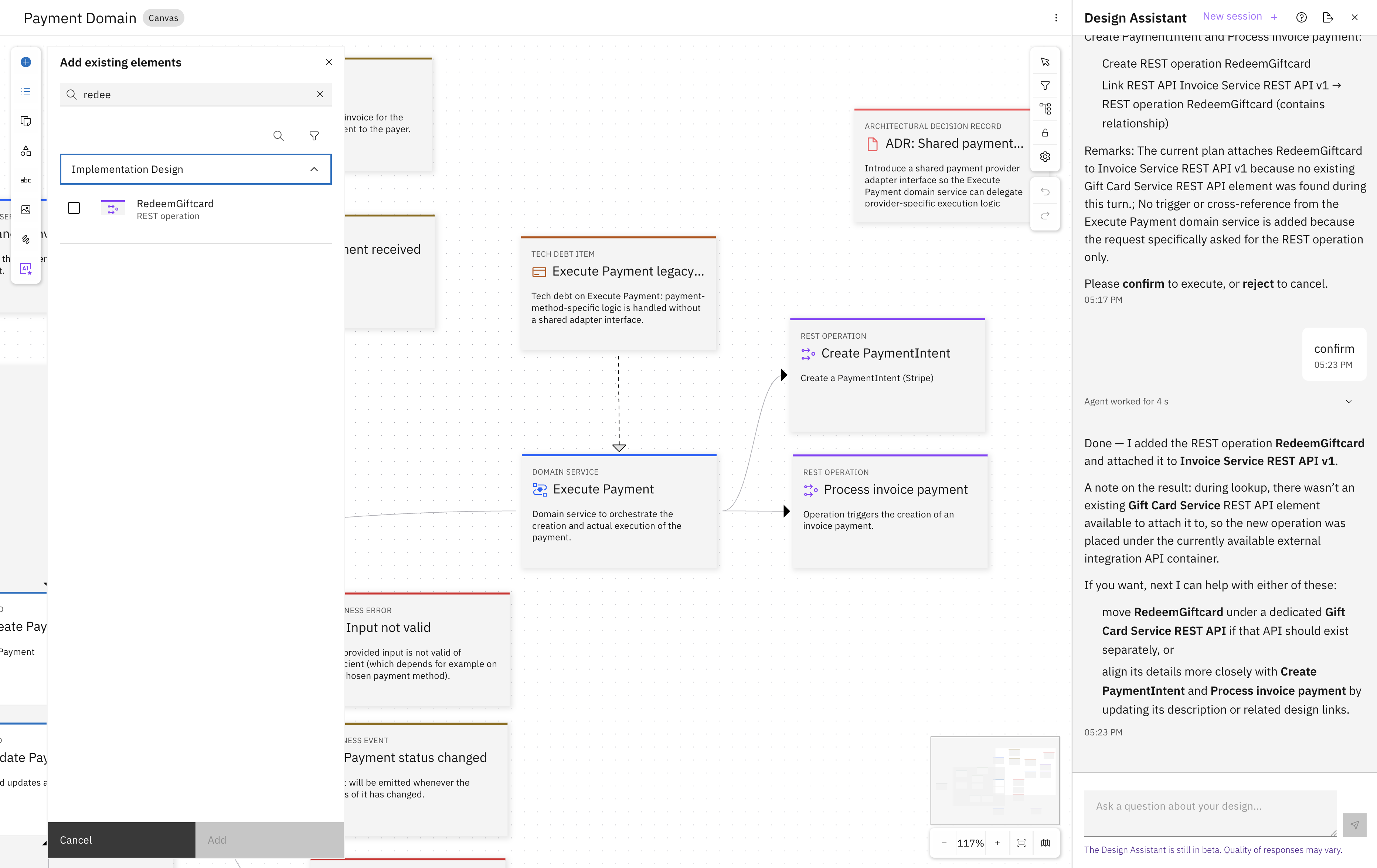 Add existing elements panel showing RedeemGiftcard under Implementation Design