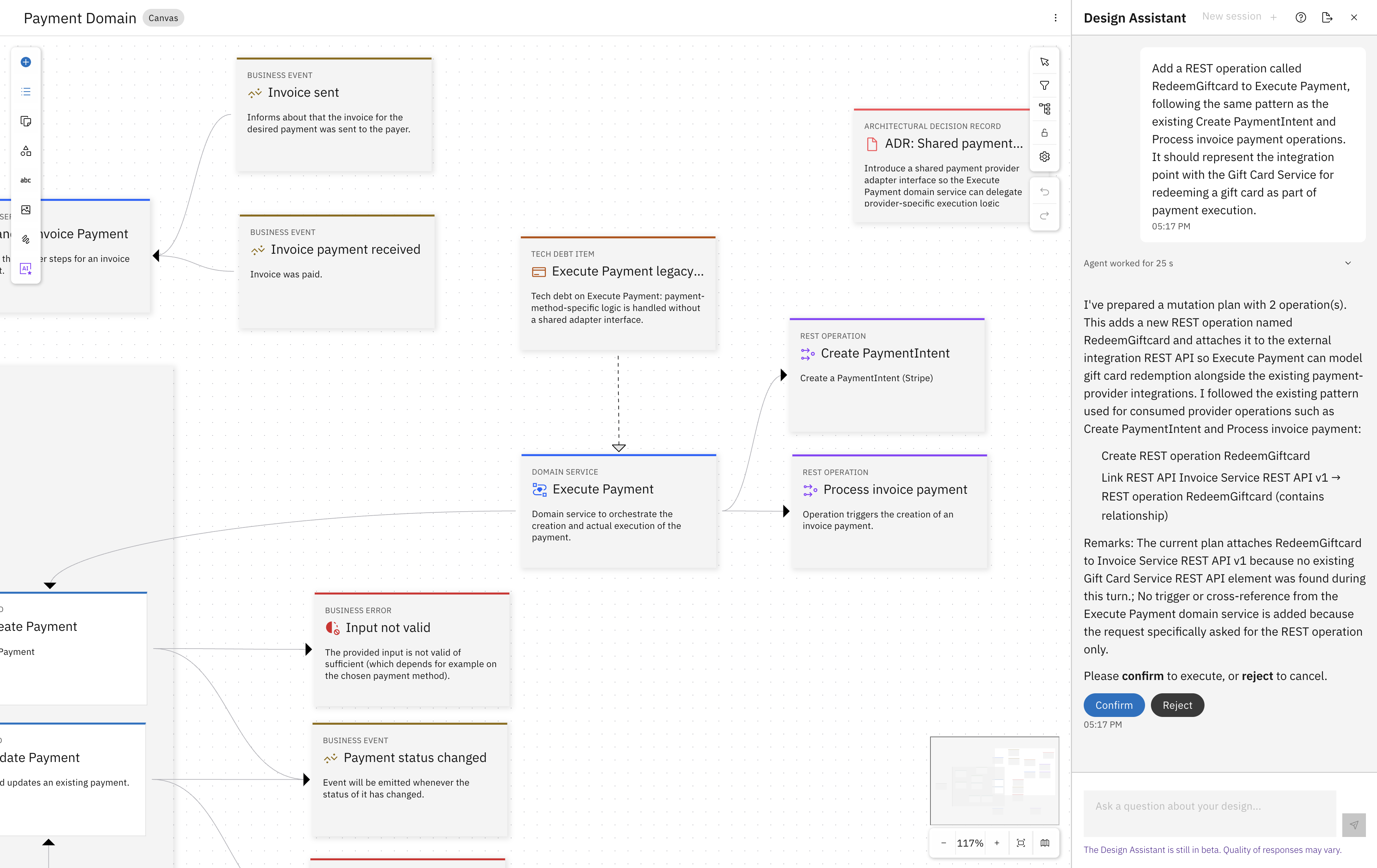 Design Assistant proposing the RedeemGiftcard REST operation