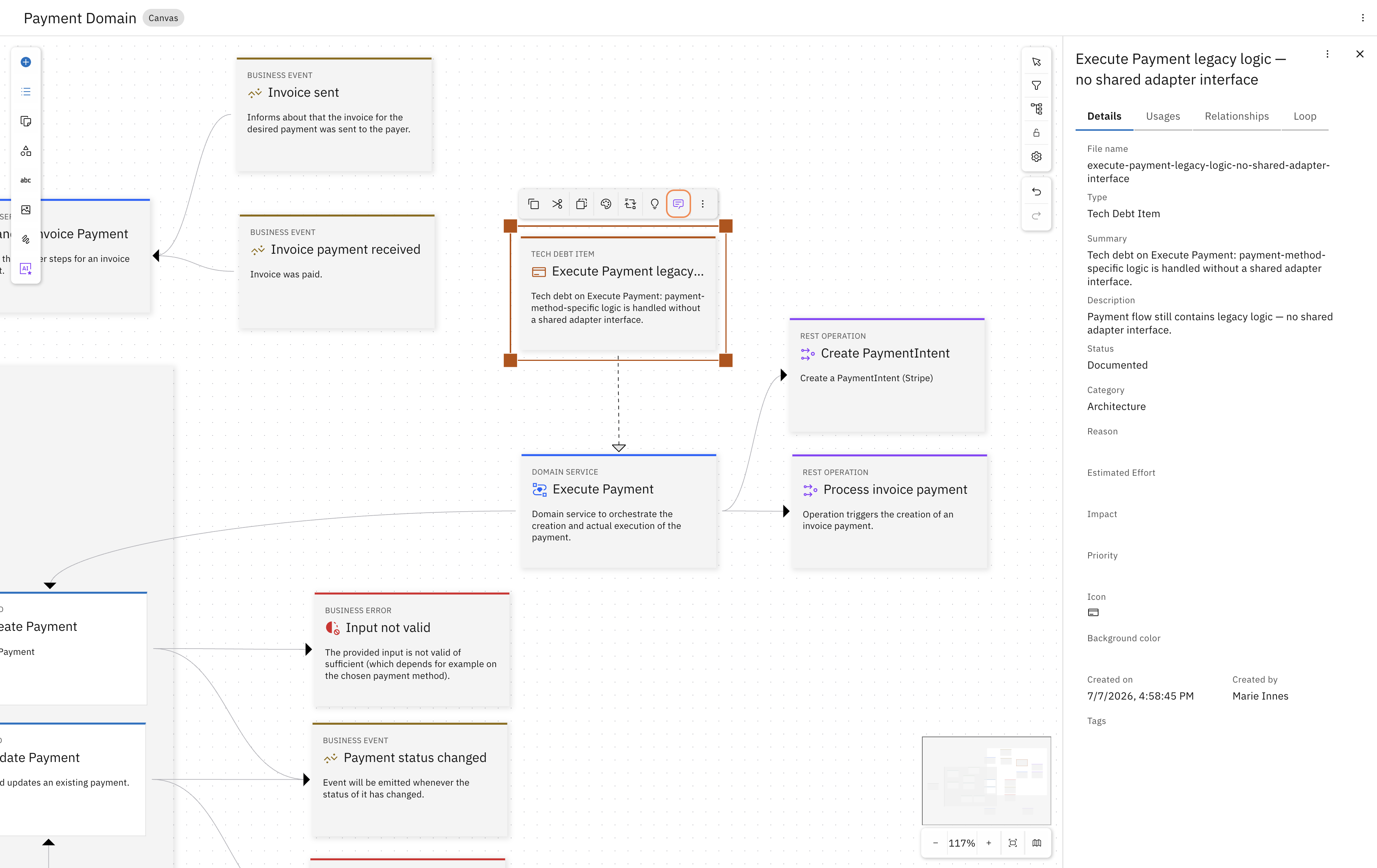 Tech Debt element selected on the diagram with toolbar visible
